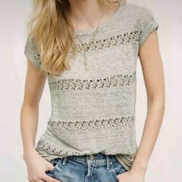Anthropologie Akemi + Kin Gray Lattice Lace Stripe Short Sleeve Linen Tee NEW - Picture 13 of 13